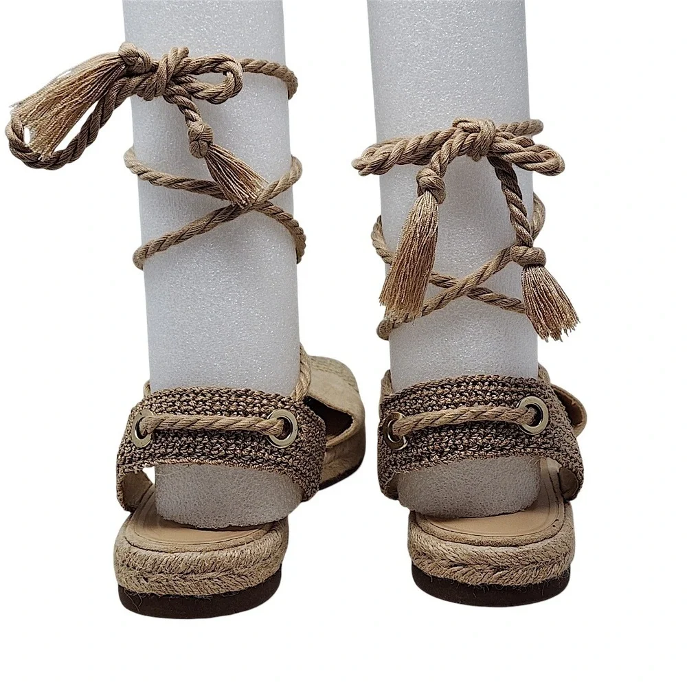 Zara Espadrille Sandals 39 8 Wom Gladiator Beige Lace Up Tassel Rope Flat Summer